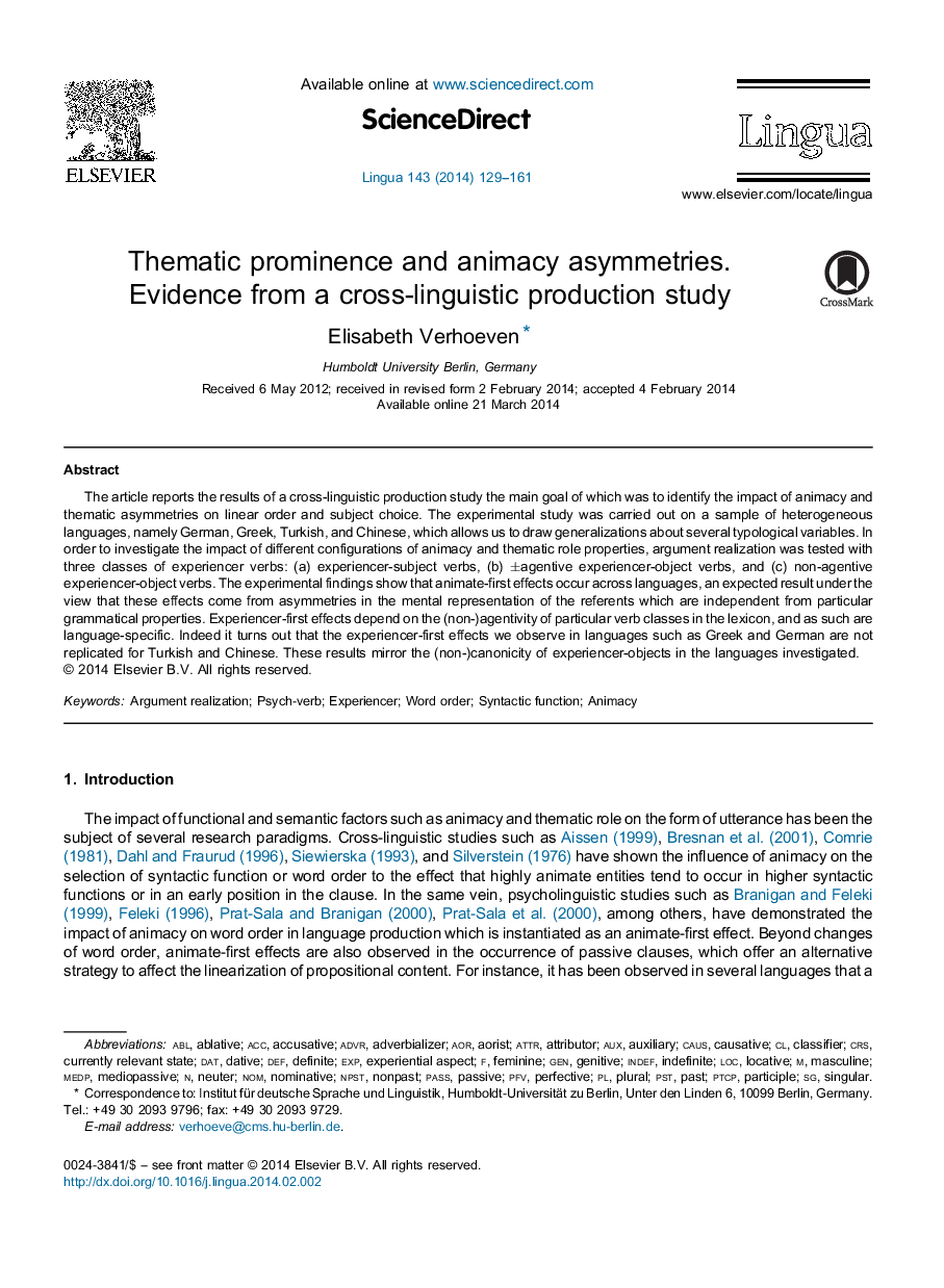 Thematic prominence and animacy asymmetries. Evidence from a cross-linguistic production study