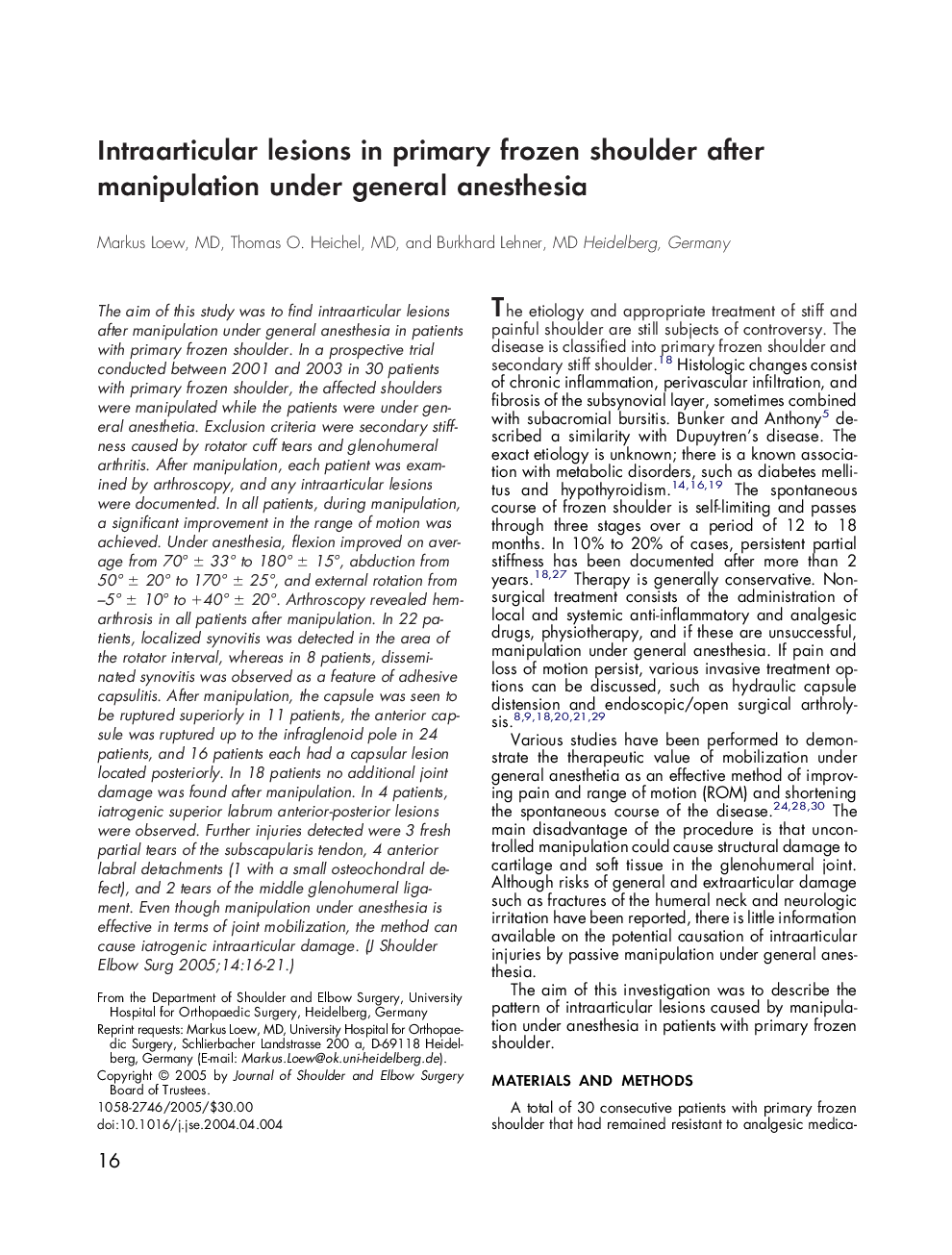 Intraarticular lesions in primary frozen shoulder after manipulation under general anesthesia