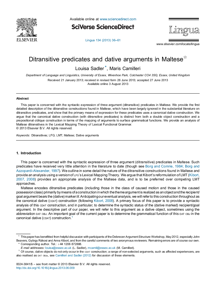 Ditransitive predicates and dative arguments in Maltese 