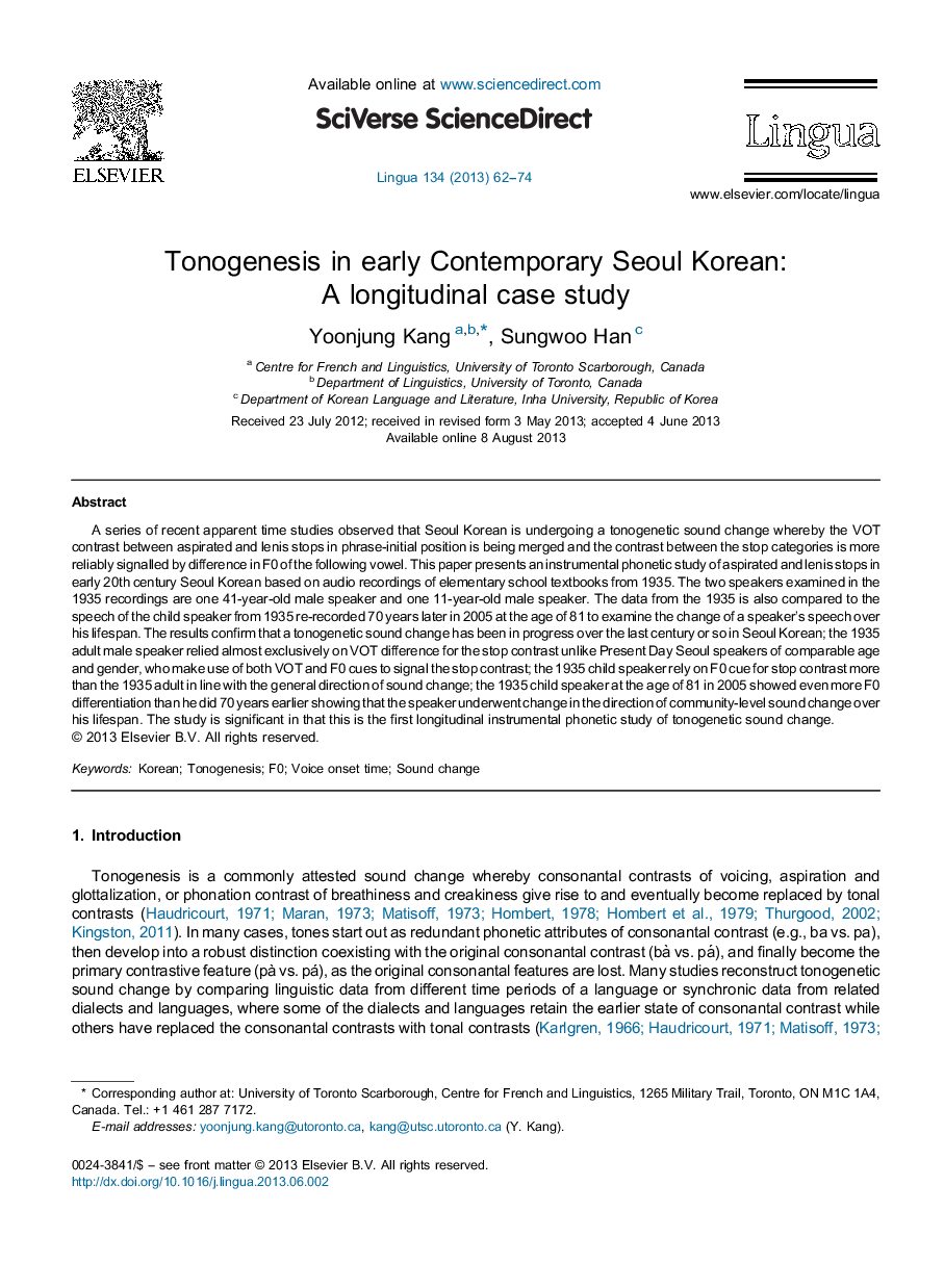 Tonogenesis in early Contemporary Seoul Korean: A longitudinal case study