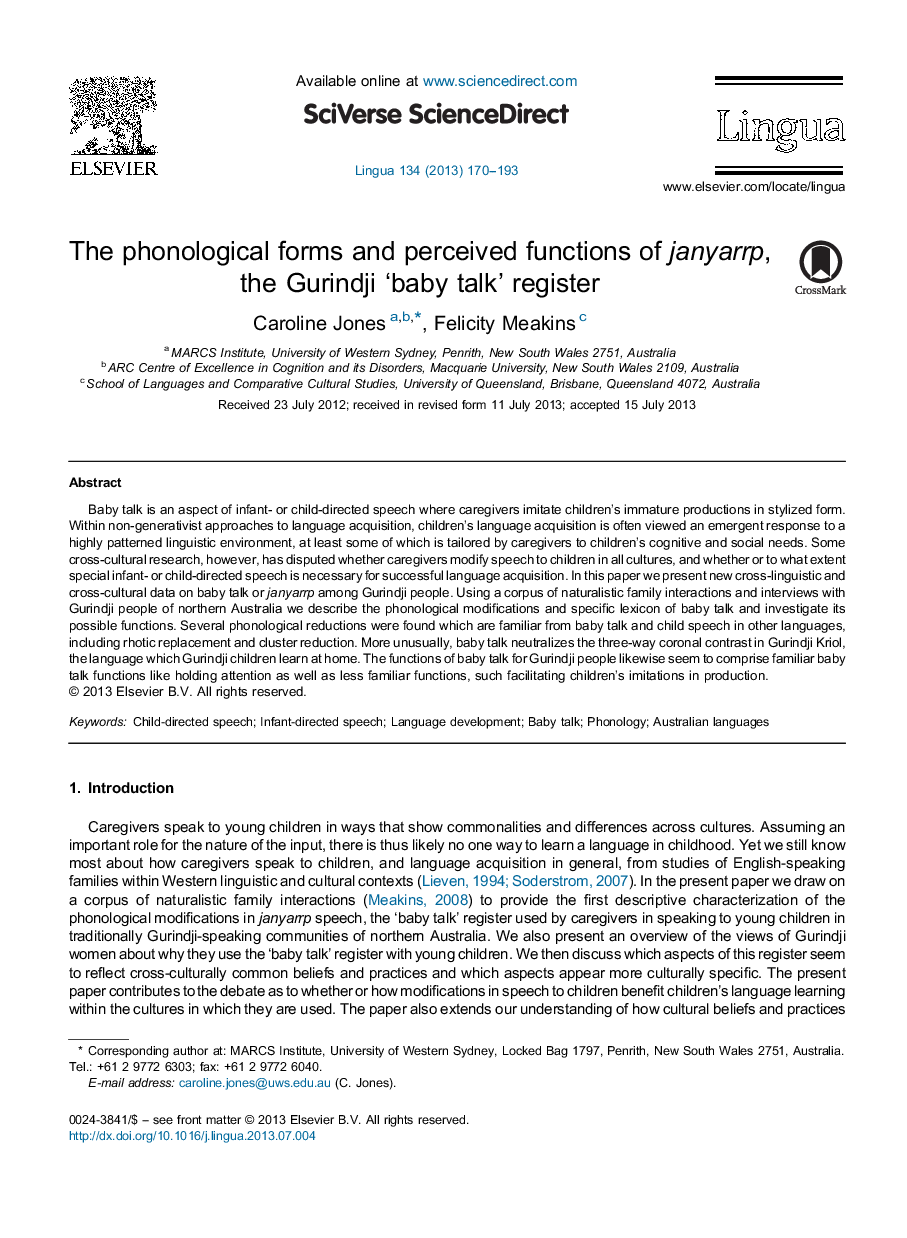 The phonological forms and perceived functions of janyarrp, the Gurindji ‘baby talk’ register