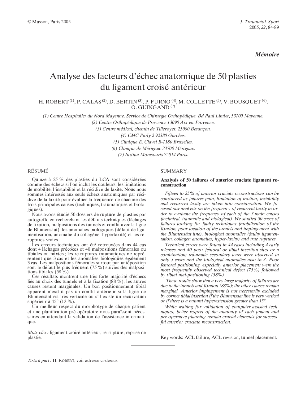 Analyse des facteurs d'échec anatomique de 50 plasties du ligament croisé antérieur