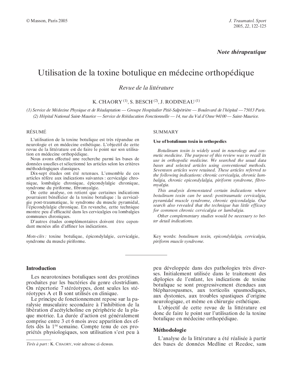 Utilisation de la toxine botulique en médecine orthopédique