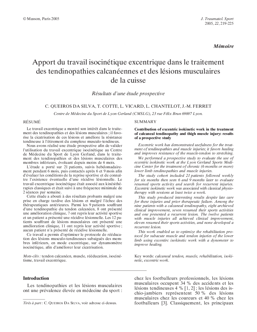 Apport du travail isocinétique excentrique dans le traitement des tendinopathies calcanéennes et des lésions musculaires de la cuisse