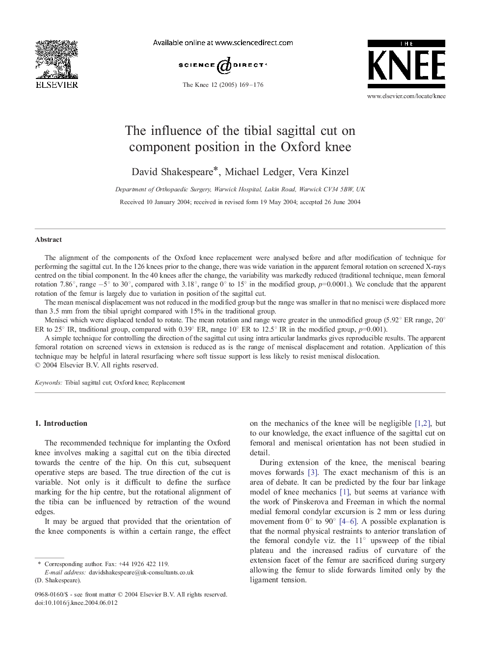 The influence of the tibial sagittal cut on component position in the Oxford knee