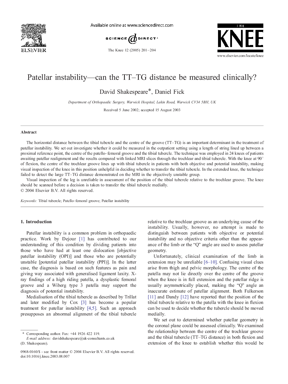 Patellar instability-can the TT-TG distance be measured clinically?