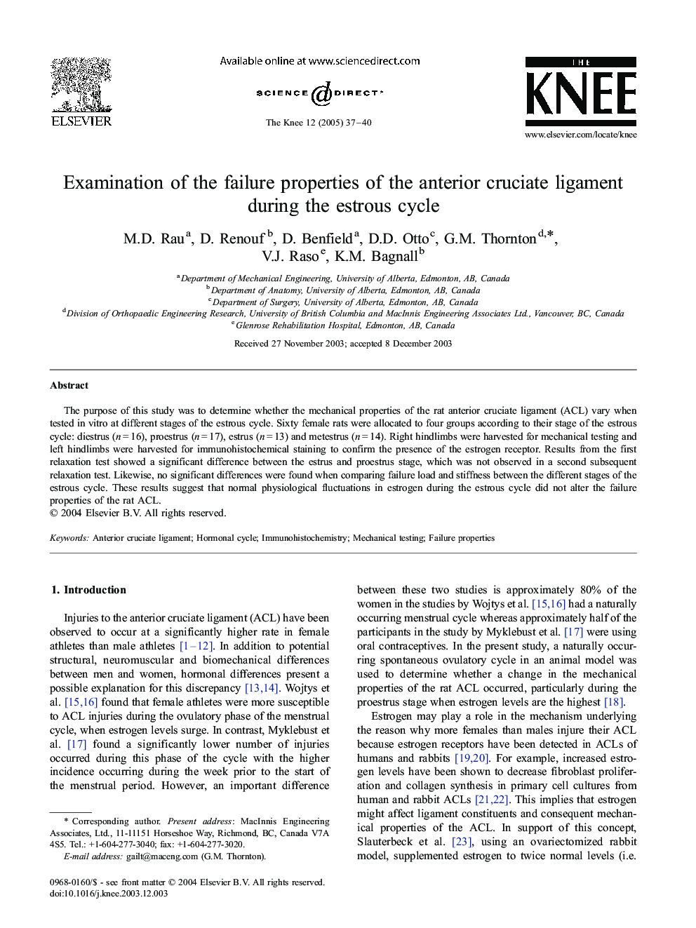 Examination of the failure properties of the anterior cruciate ligament during the estrous cycle