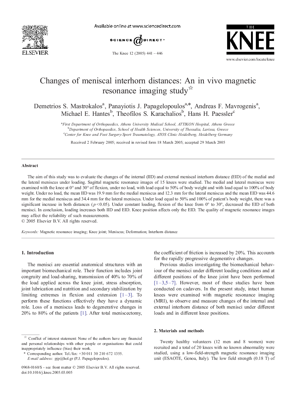 Changes of meniscal interhorn distances: An in vivo magnetic resonance imaging study