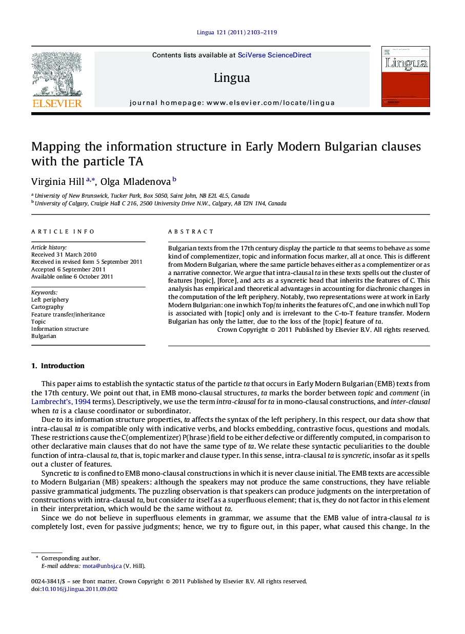 Mapping the information structure in Early Modern Bulgarian clauses with the particle TA