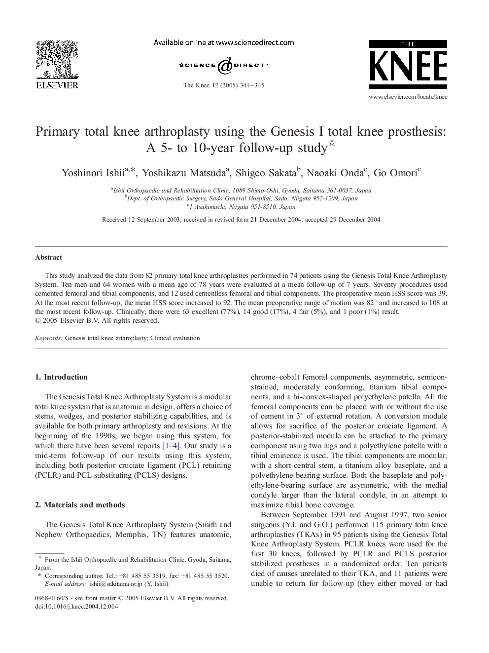 Primary total knee arthroplasty using the Genesis I total knee prosthesis: A 5- to 10-year follow-up study