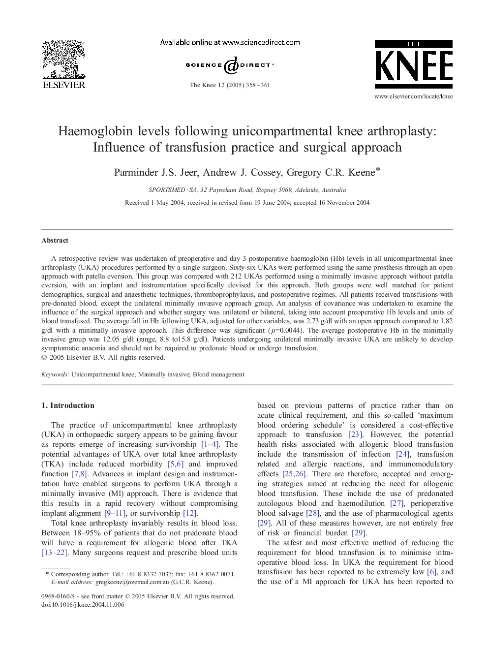 Haemoglobin levels following unicompartmental knee arthroplasty: Influence of transfusion practice and surgical approach