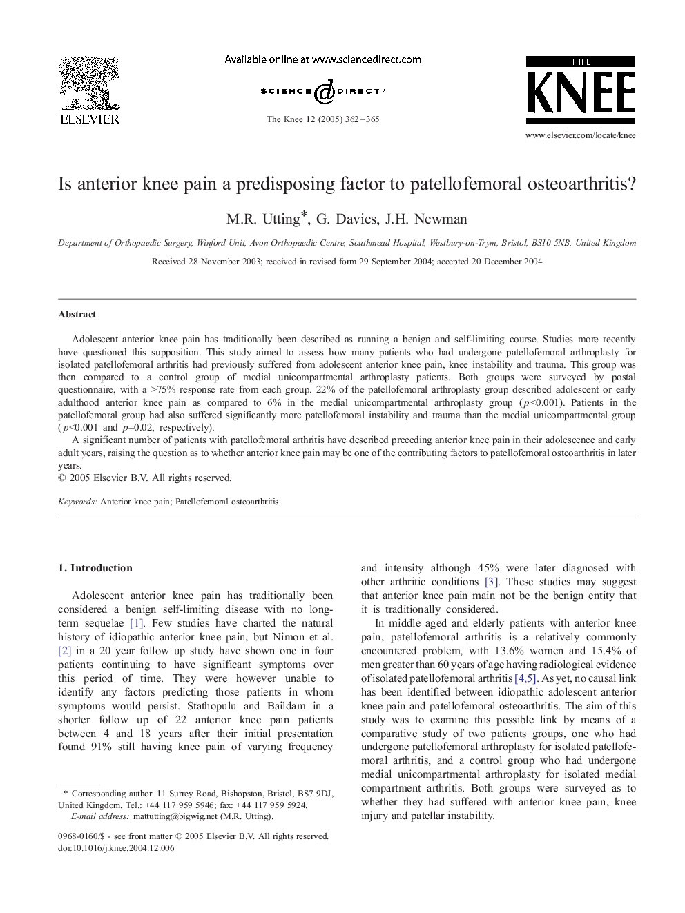 Is anterior knee pain a predisposing factor to patellofemoral osteoarthritis?