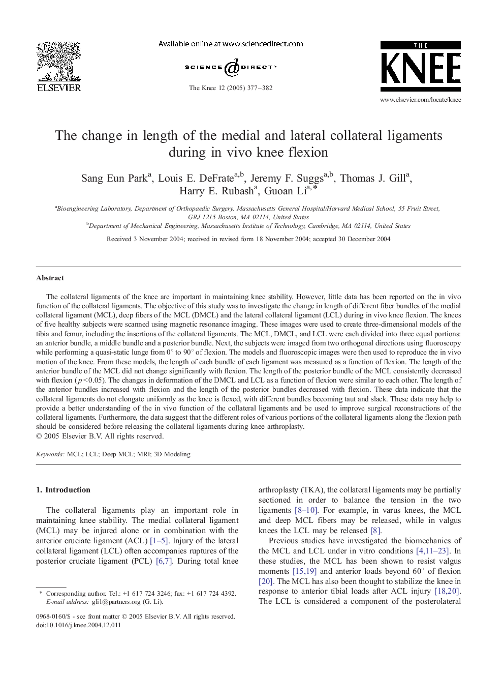 The change in length of the medial and lateral collateral ligaments during in vivo knee flexion