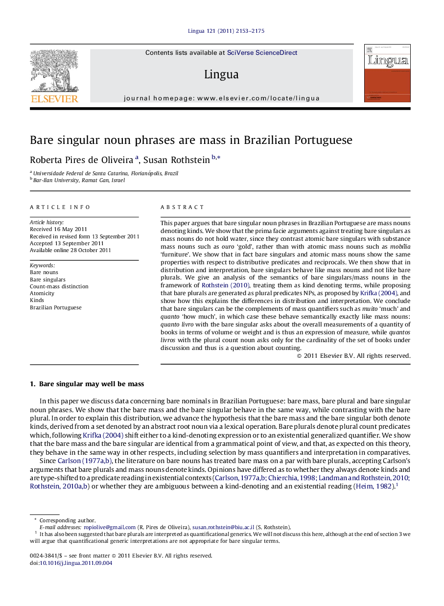 Bare singular noun phrases are mass in Brazilian Portuguese