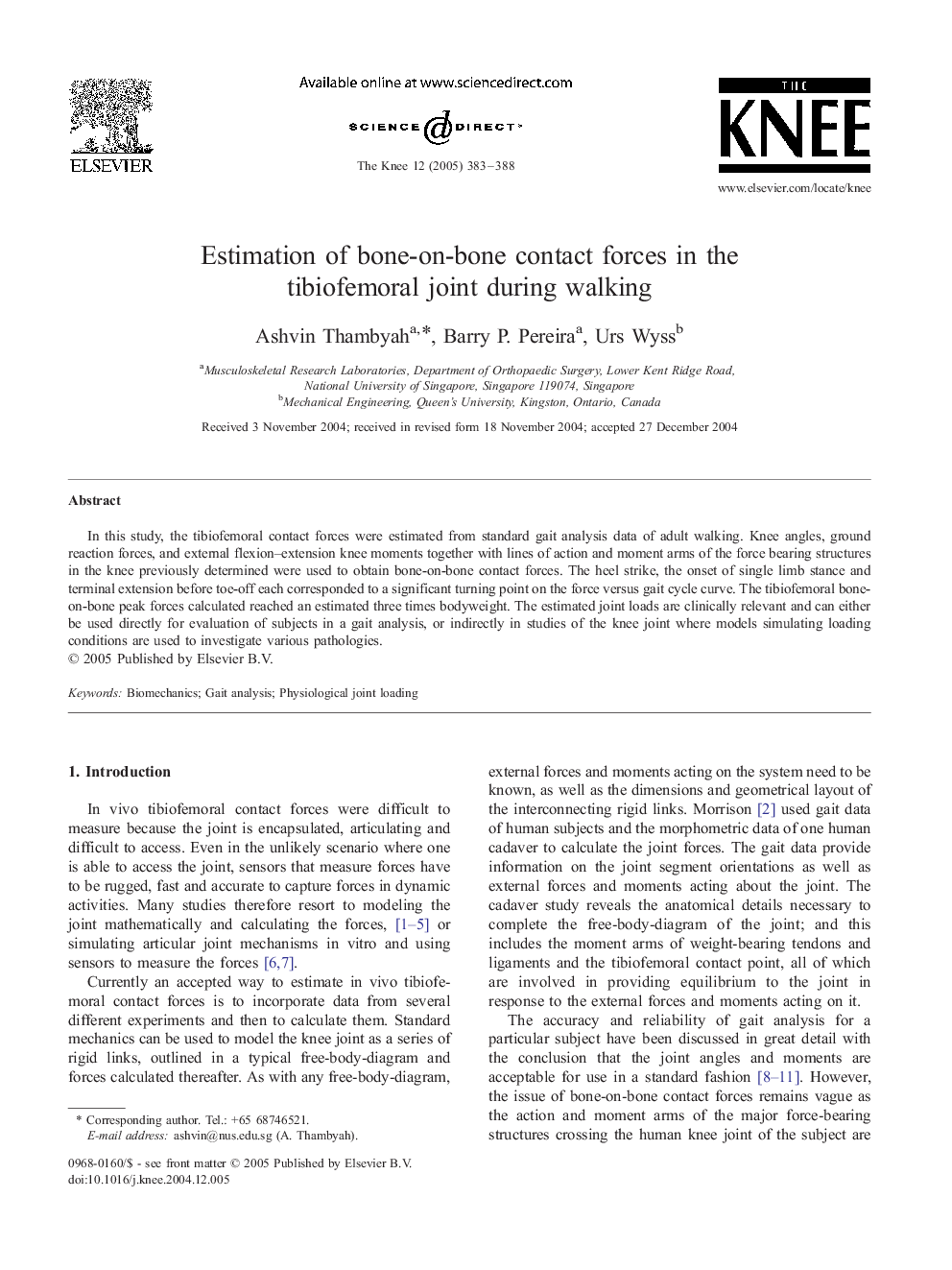 Estimation of bone-on-bone contact forces in the tibiofemoral joint during walking