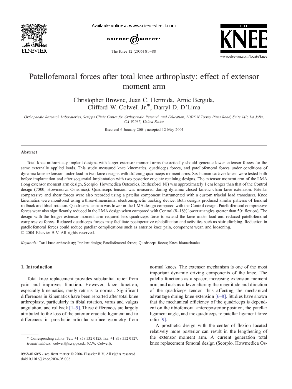 Patellofemoral forces after total knee arthroplasty: effect of extensor moment arm