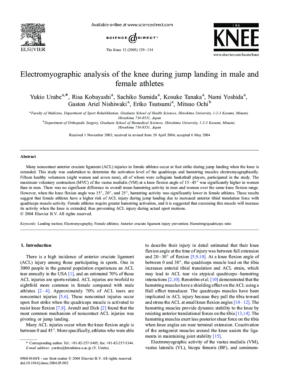 Electromyographic analysis of the knee during jump landing in male and female athletes