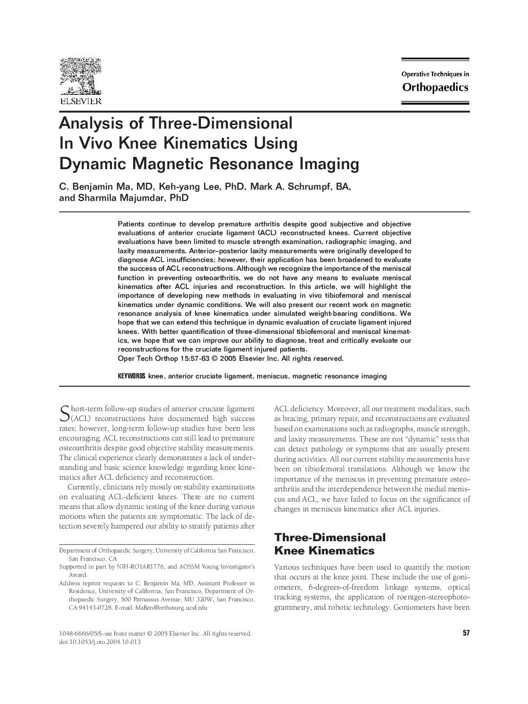 Analysis of three-dimensional in vivo knee kinematics using dynamic magnetic resonance imaging