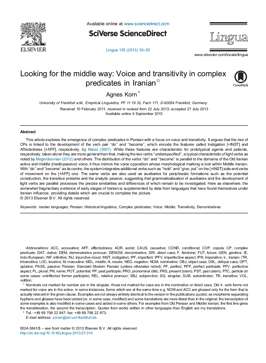 Looking for the middle way: Voice and transitivity in complex predicates in Iranian 