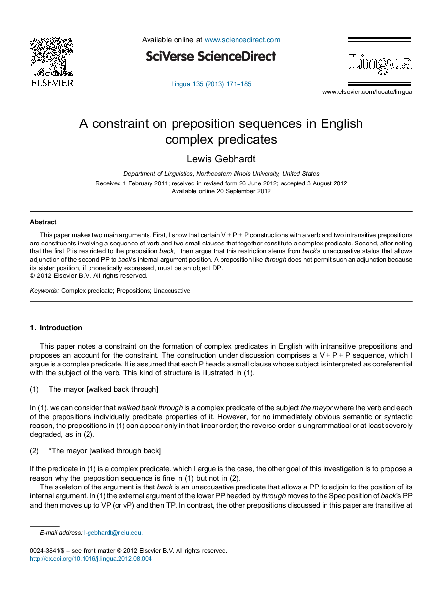 A constraint on preposition sequences in English complex predicates