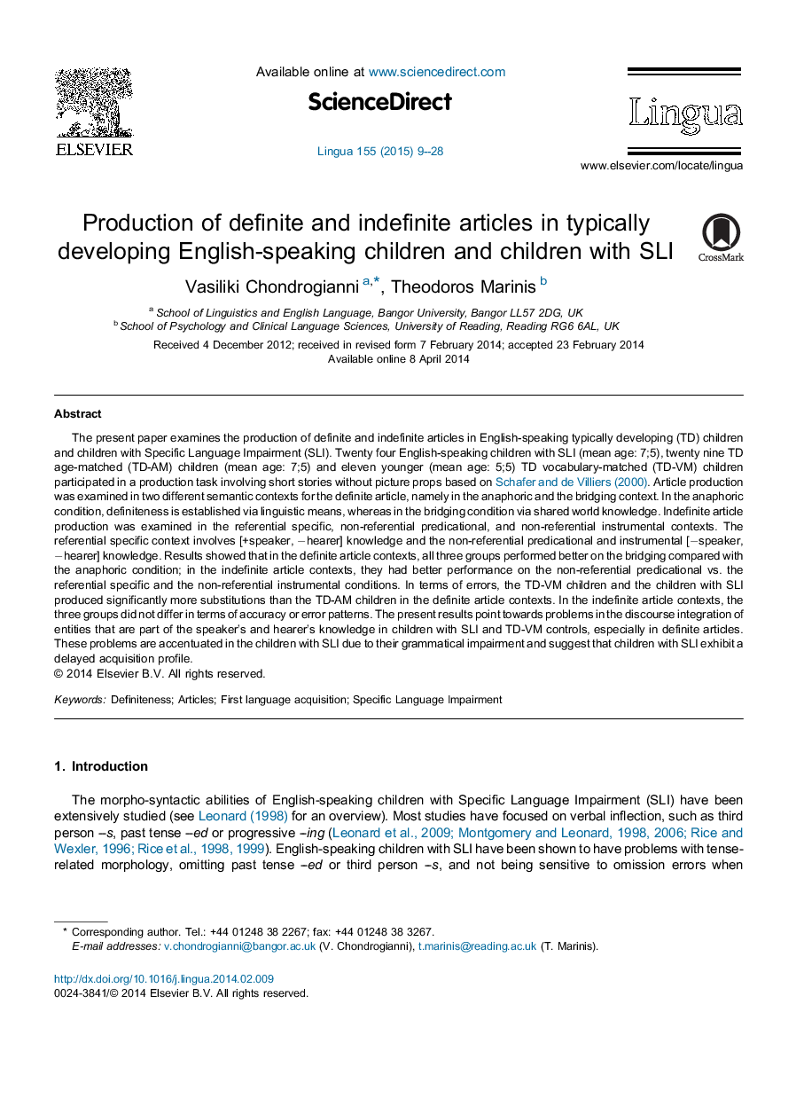 Production of definite and indefinite articles in typically developing English-speaking children and children with SLI