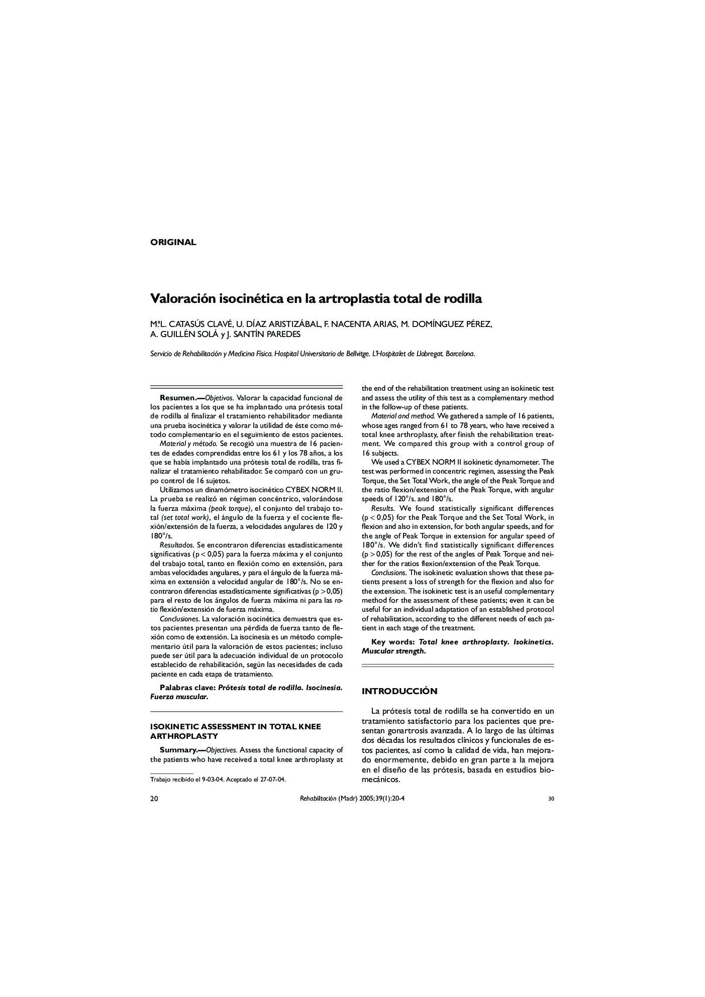 Valoración isocinética en la artroplastia total de rodilla