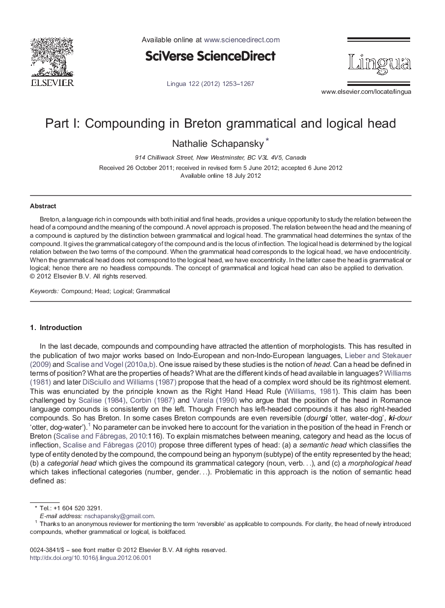 Part I: Compounding in Breton grammatical and logical head