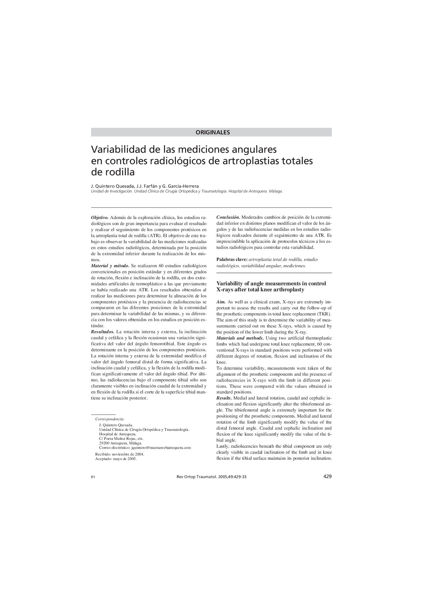 Variabilidad de las mediciones angulares en controles radiológicos de artroplastias totales de rodilla