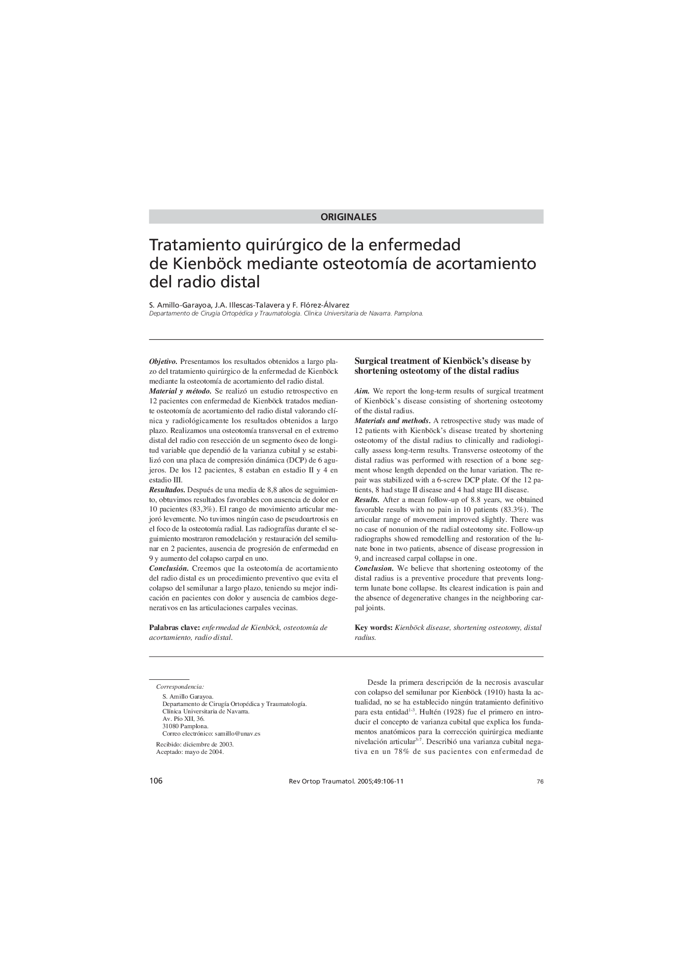 Tratamiento quirúrgico de la enfermedad de Kienböck mediante osteotomÃ­a de acortamiento del radio distal