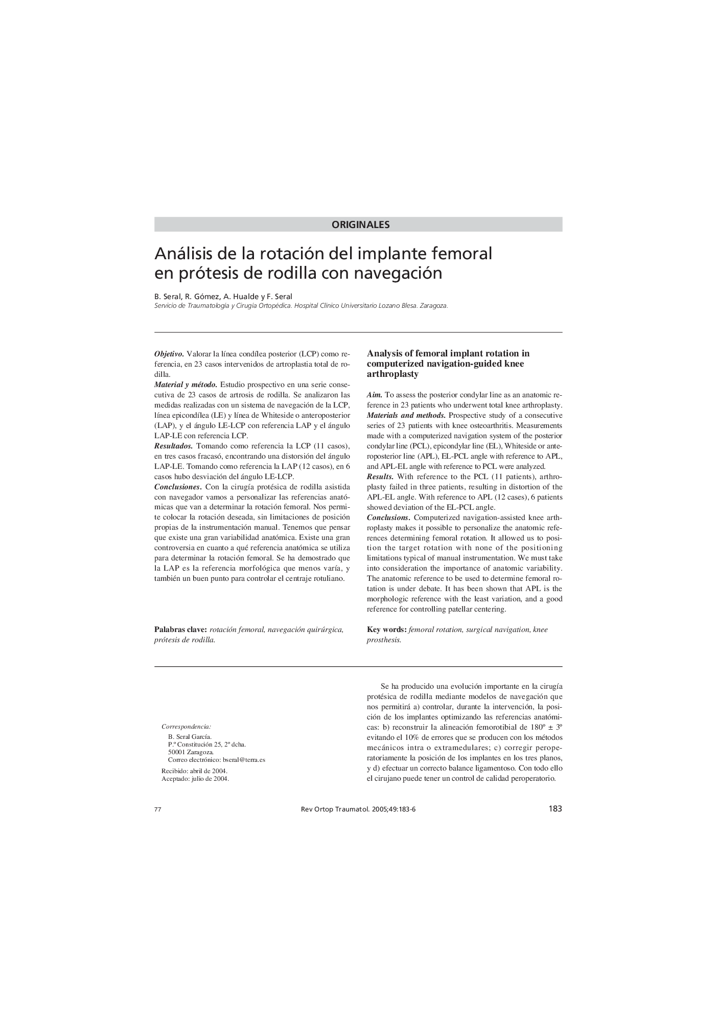 Análisis de la rotación del implante femoral en prótesis de rodilla con navegación