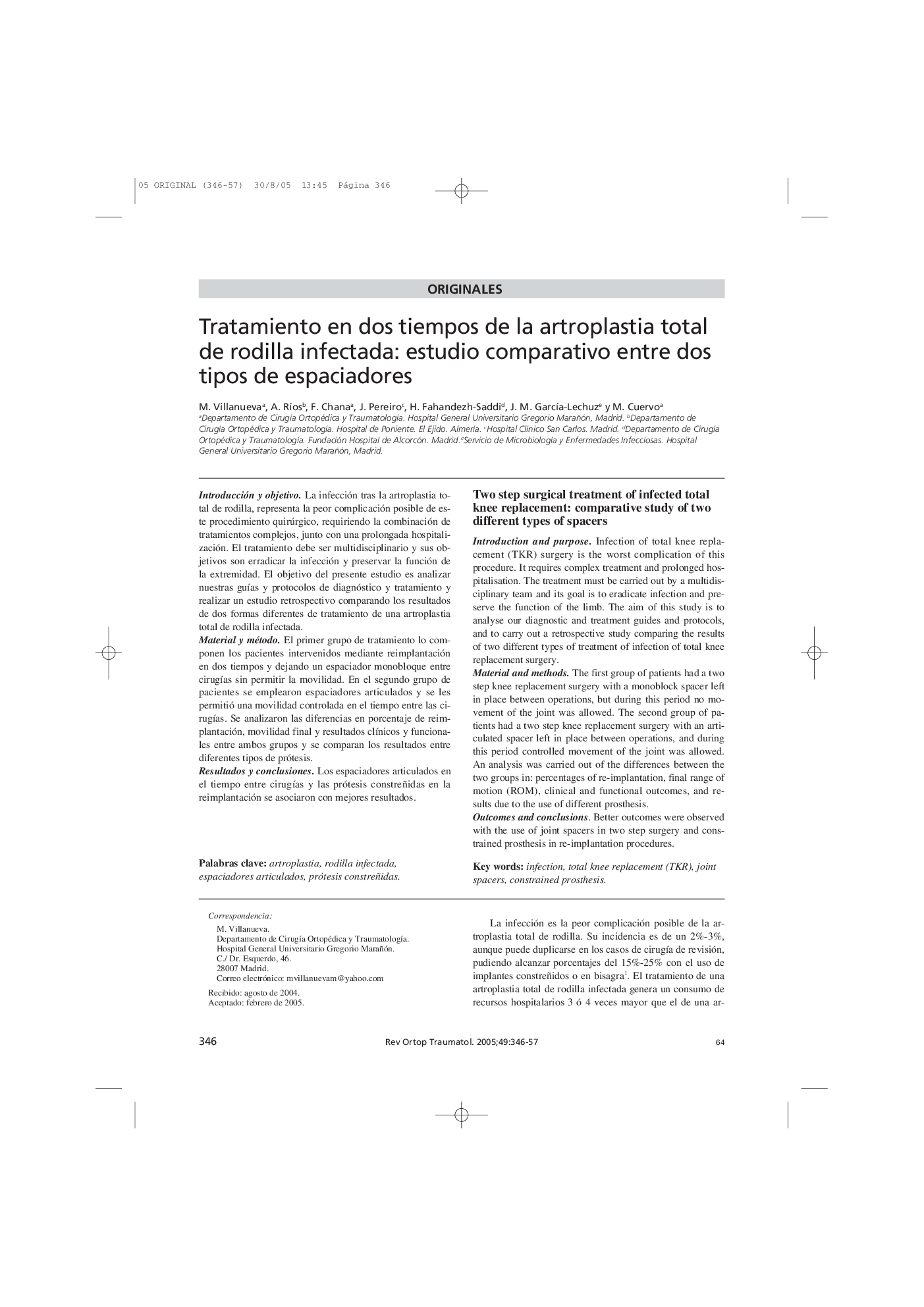 Tratamiento en dos tiempos de la artroplastia total de rodilla infectada: estudio comparativo entre dos tipos de espaciadores