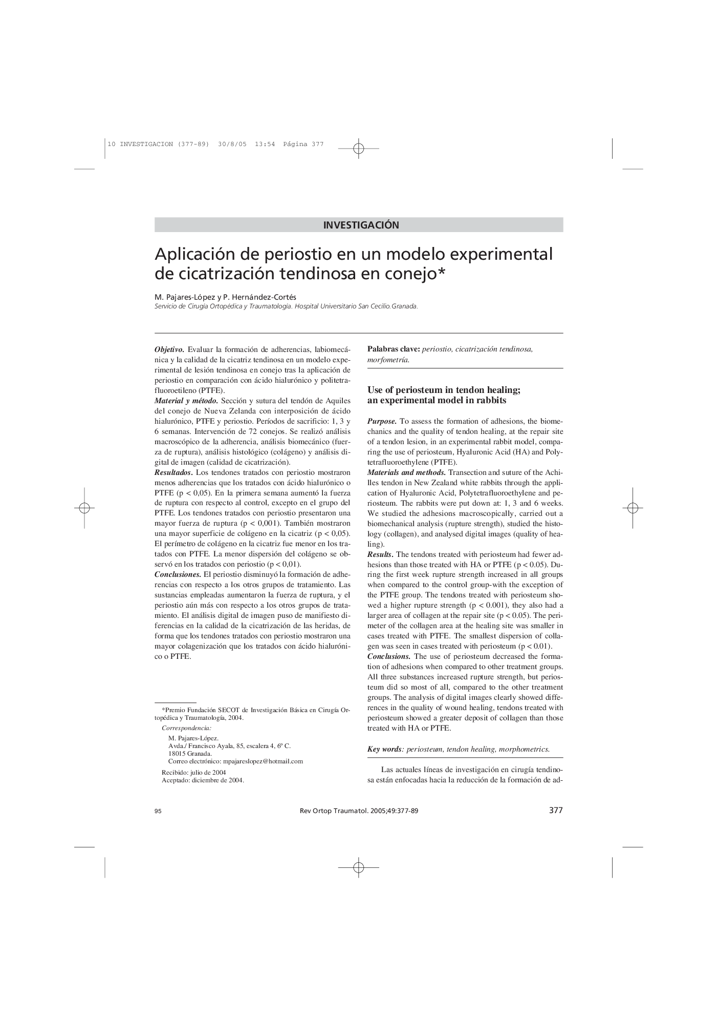 Aplicación de periostio en un modelo experimental de cicatrización tendinosa en conejo*