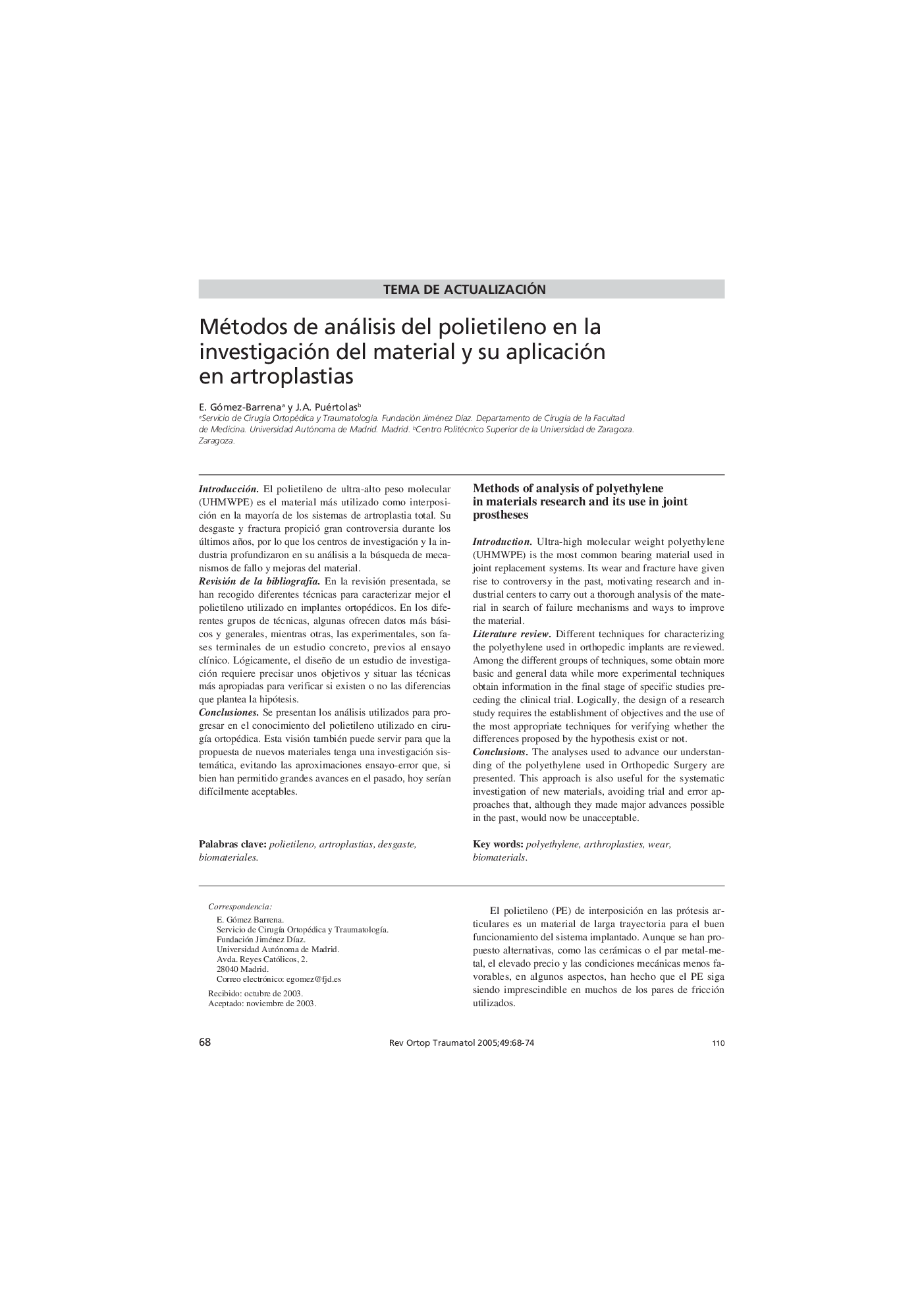 Métodos de análisis del polietileno en la investigación del material y su aplicación en artroplastias