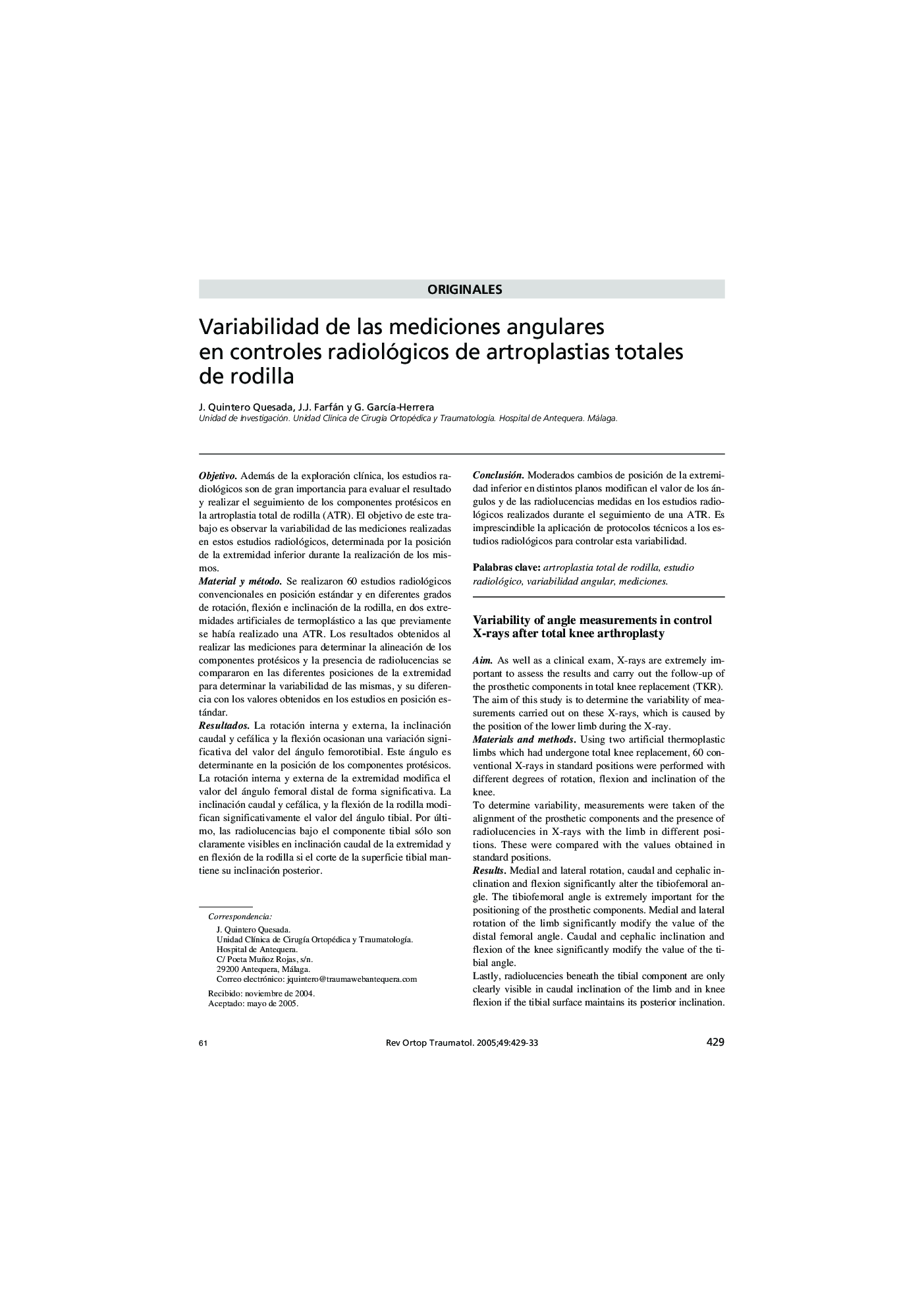 Variabilidad de las mediciones angulares en controles radiológicos de artroplastias totales de rodilla