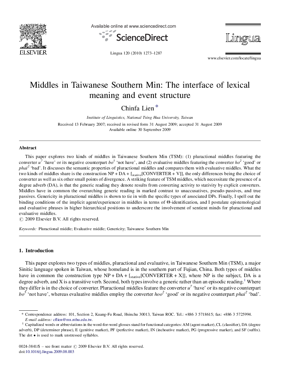 Middles in Taiwanese Southern Min: The interface of lexical meaning and event structure