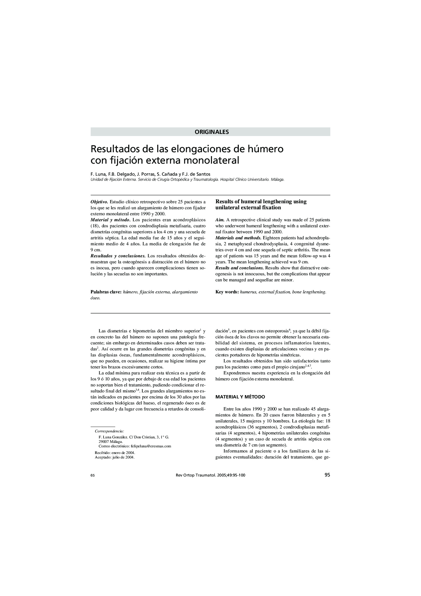 Resultados de las elongaciones de húmero con fijación externa monolateral