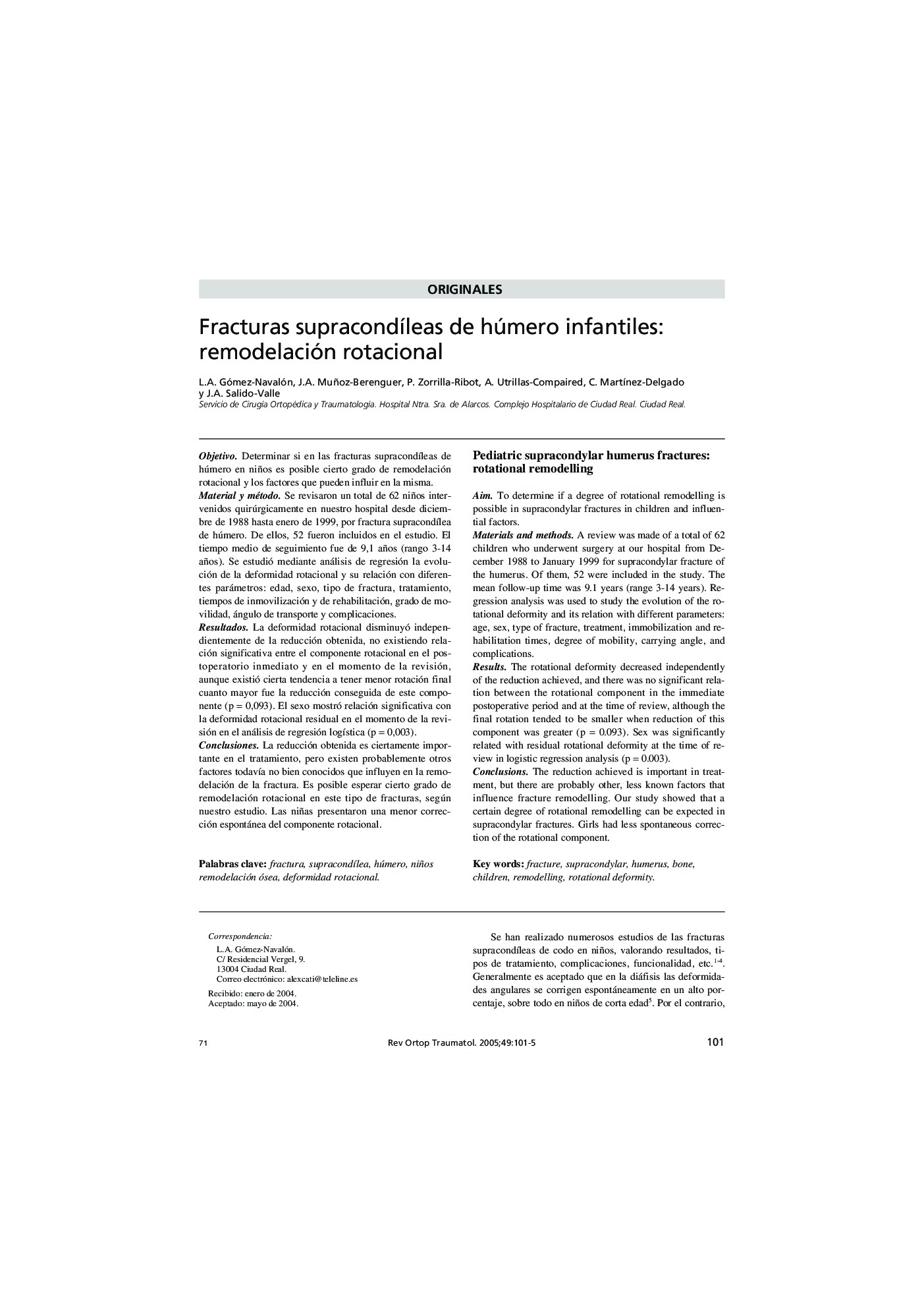 Fracturas supracondÃ­leas de húmero infantiles: remodelación rotacional