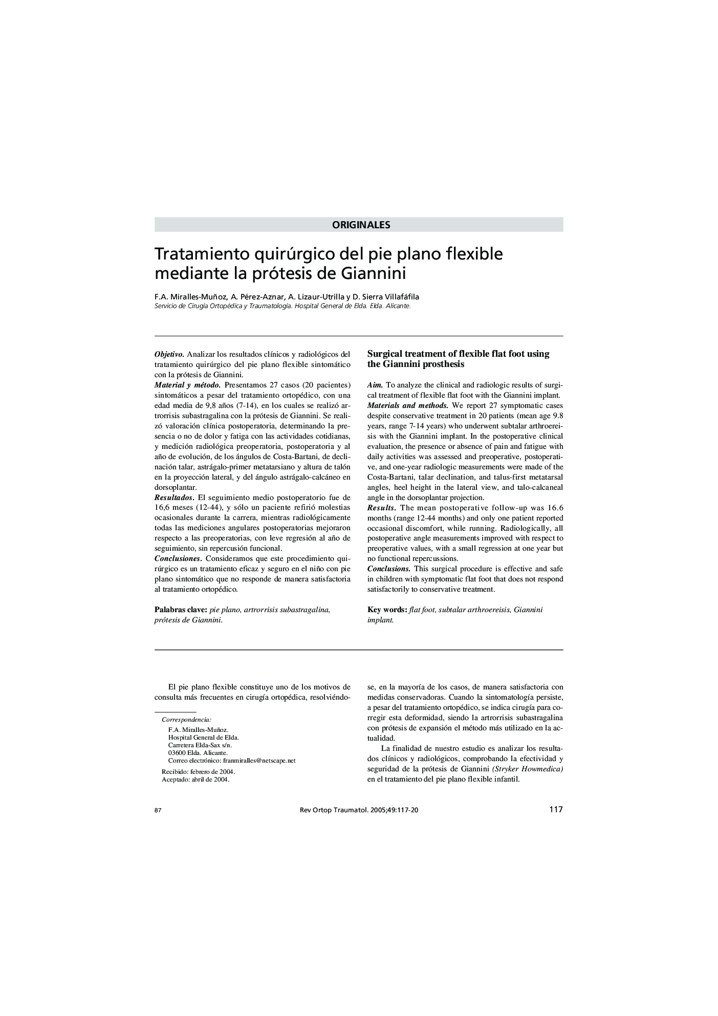 Tratamiento quirúrgico del pie plano flexible mediante la prótesis de Giannini