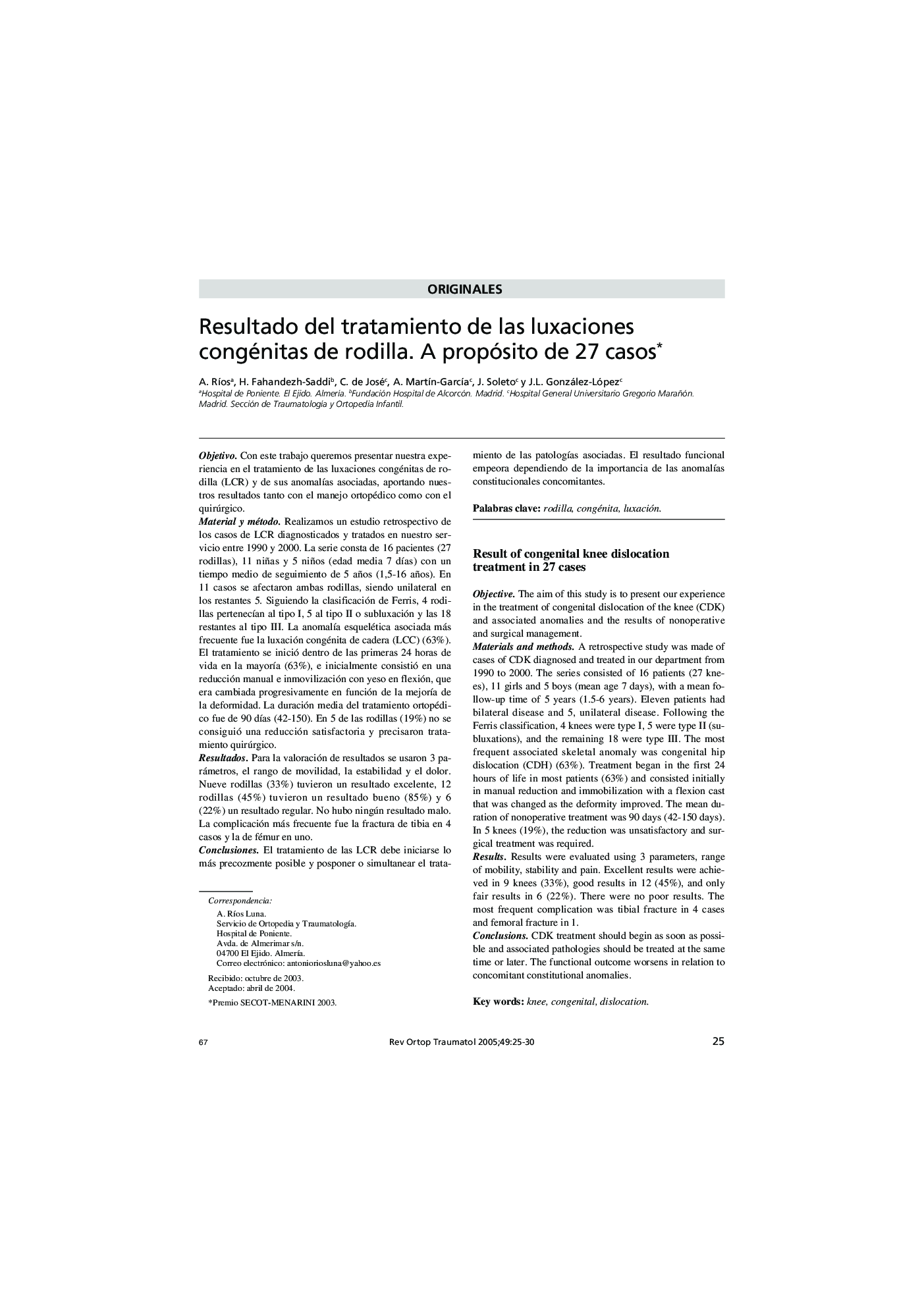 Resultado del tratamiento de las luxaciones congénitas de rodilla. A propósito de 27 casos