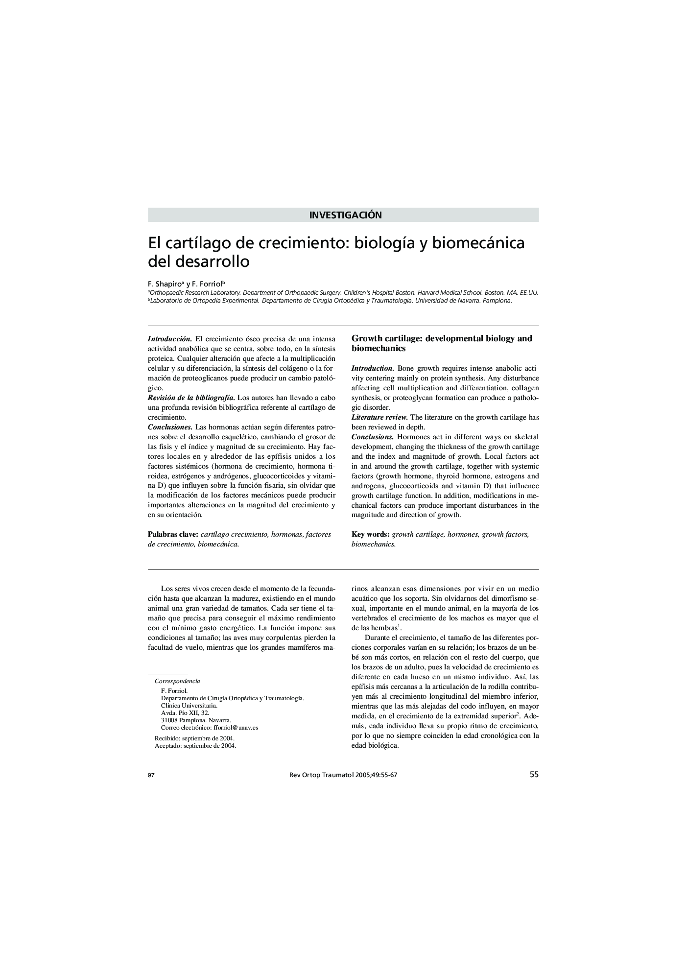 El cartÃ­lago de crecimiento: biologÃ­a y biomecánica del desarrollo