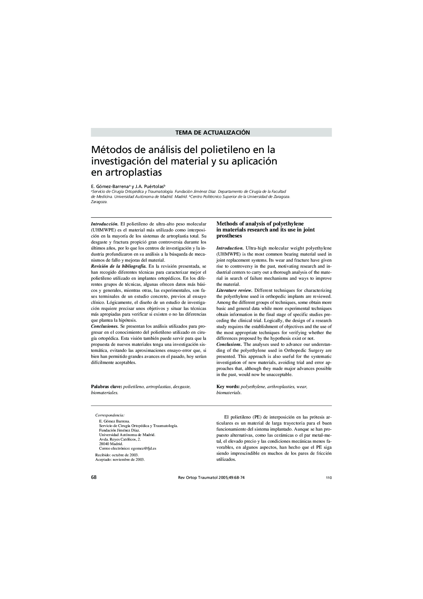 Métodos de análisis del polietileno en la investigación del material y su aplicación en artroplastias