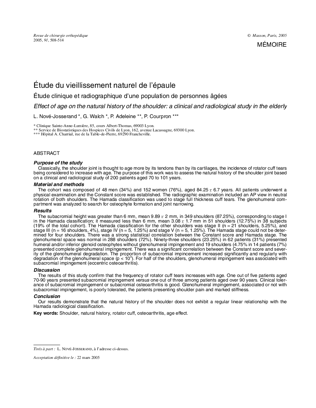 Ãtude du vieillissement naturel de l'épaule