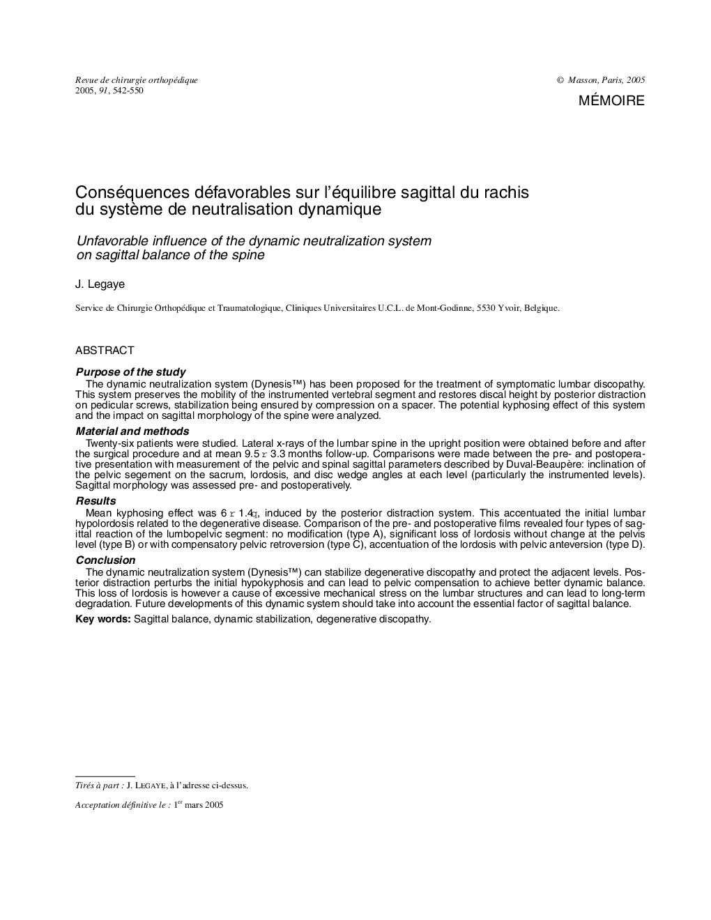 Conséquences défavorables sur l'équilibre sagittal du rachis du systÃ¨me de neutralisation dynamique