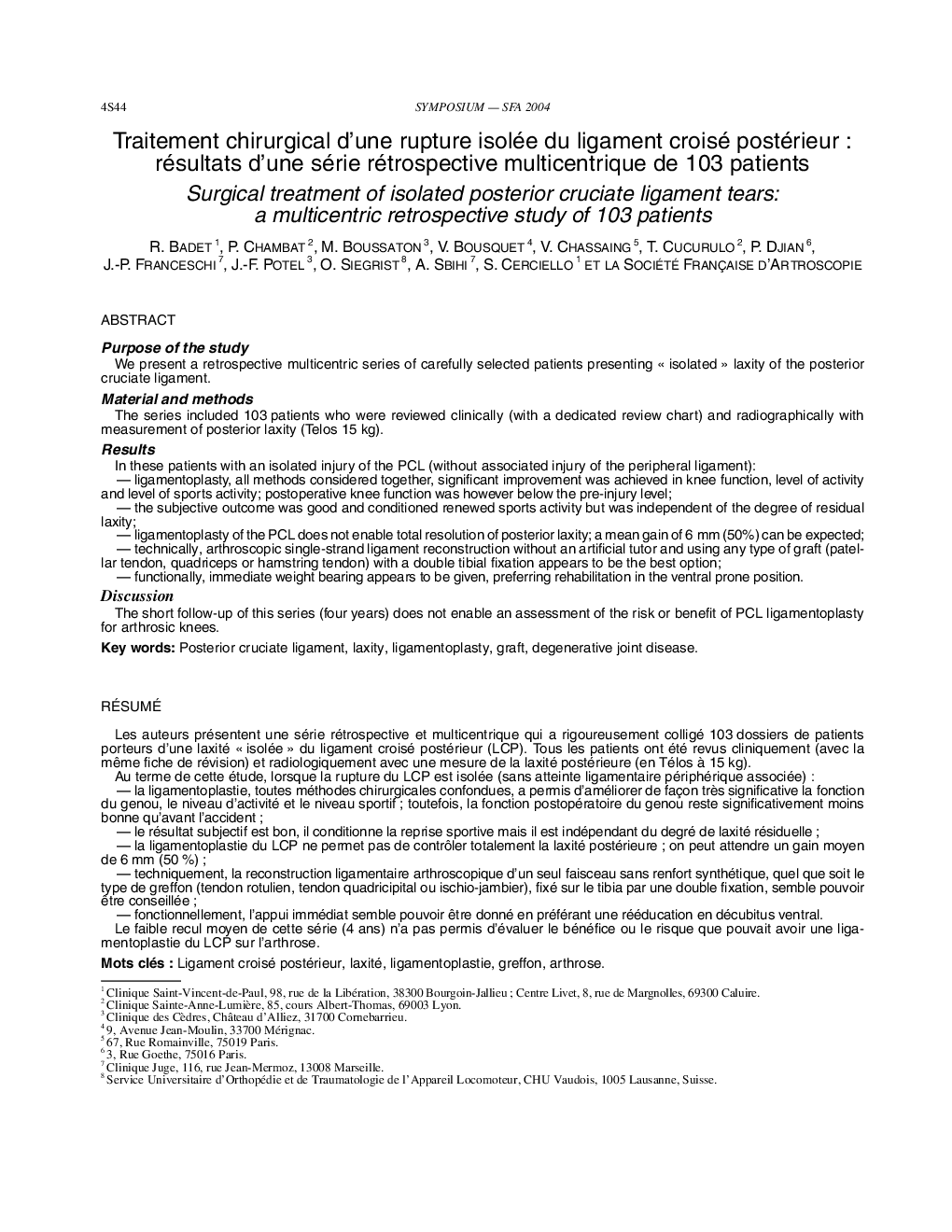 Traitement chirurgical d'une rupture isolée du ligament croisé postérieur : résultats d'une série rétrospective multicentrique de 103 patients