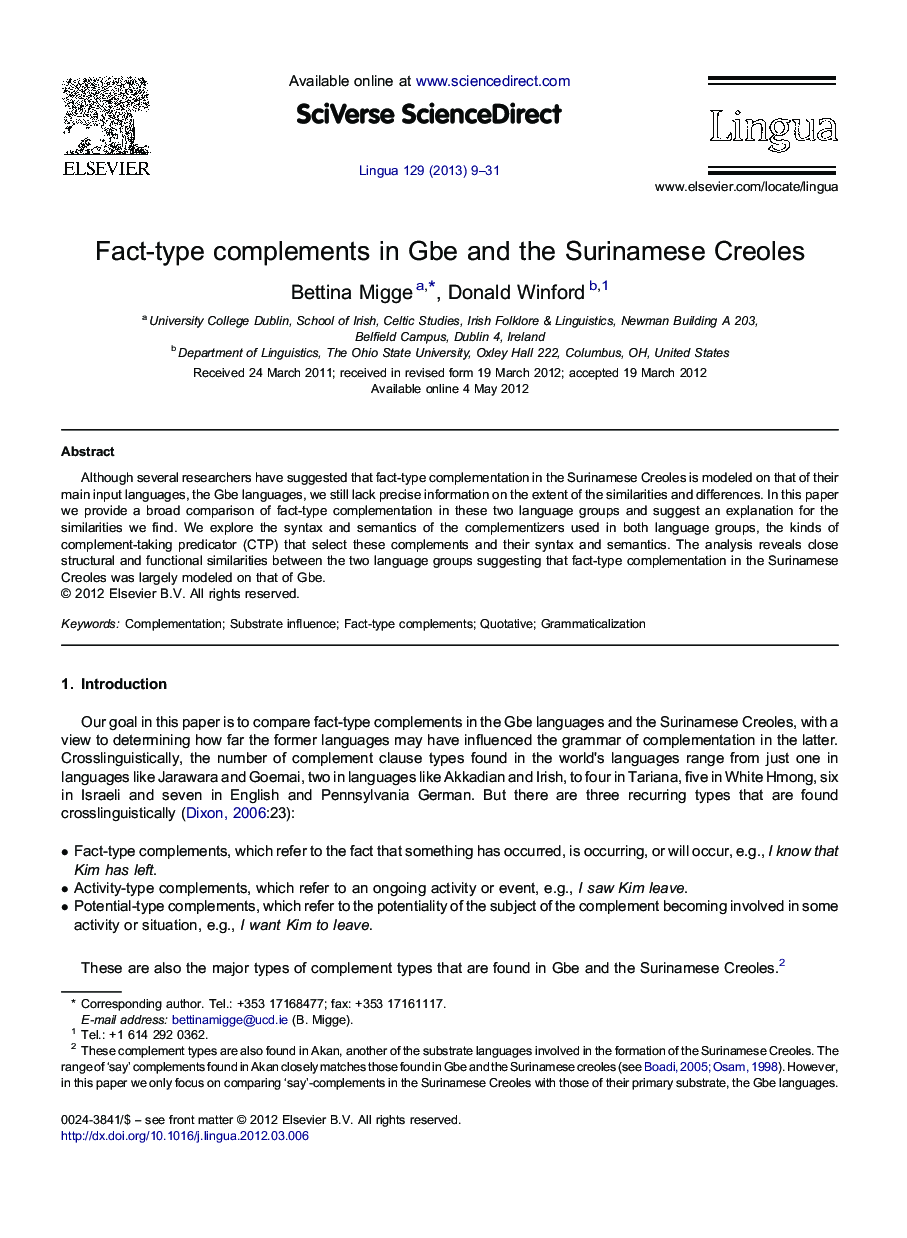 Fact-type complements in Gbe and the Surinamese Creoles
