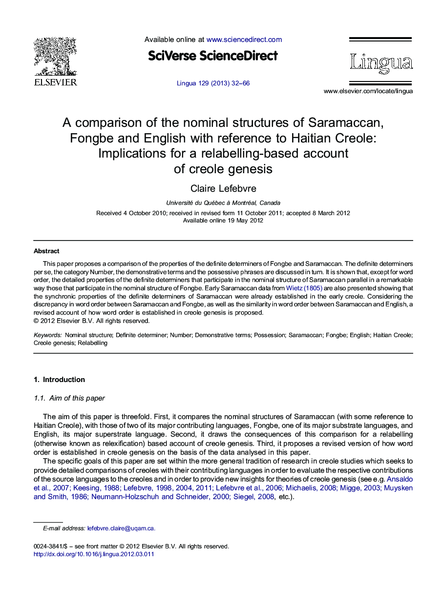 A comparison of the nominal structures of Saramaccan, Fongbe and English with reference to Haitian Creole: Implications for a relabelling-based account of creole genesis