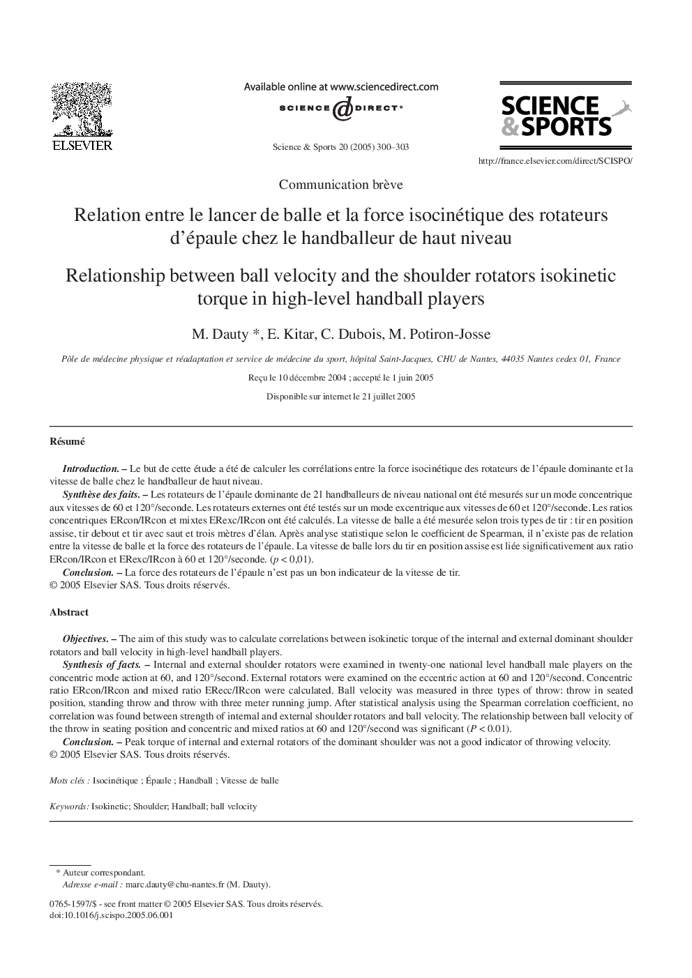 Relation entre le lancer de balle et la force isocinétique des rotateurs d'épaule chez le handballeur de haut niveau