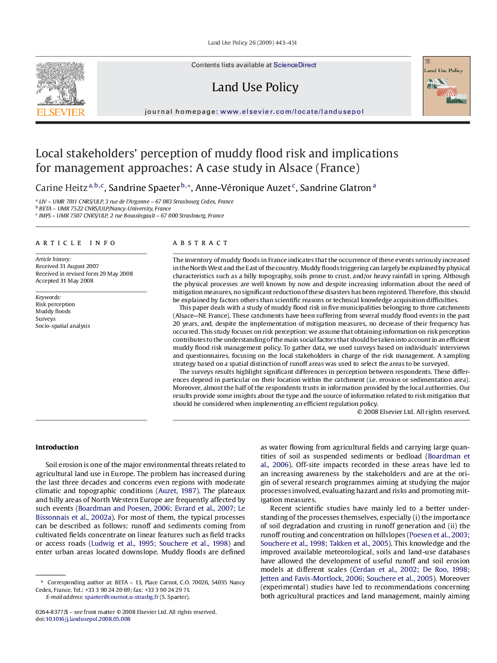 Local stakeholders’ perception of muddy flood risk and implications for management approaches: A case study in Alsace (France)