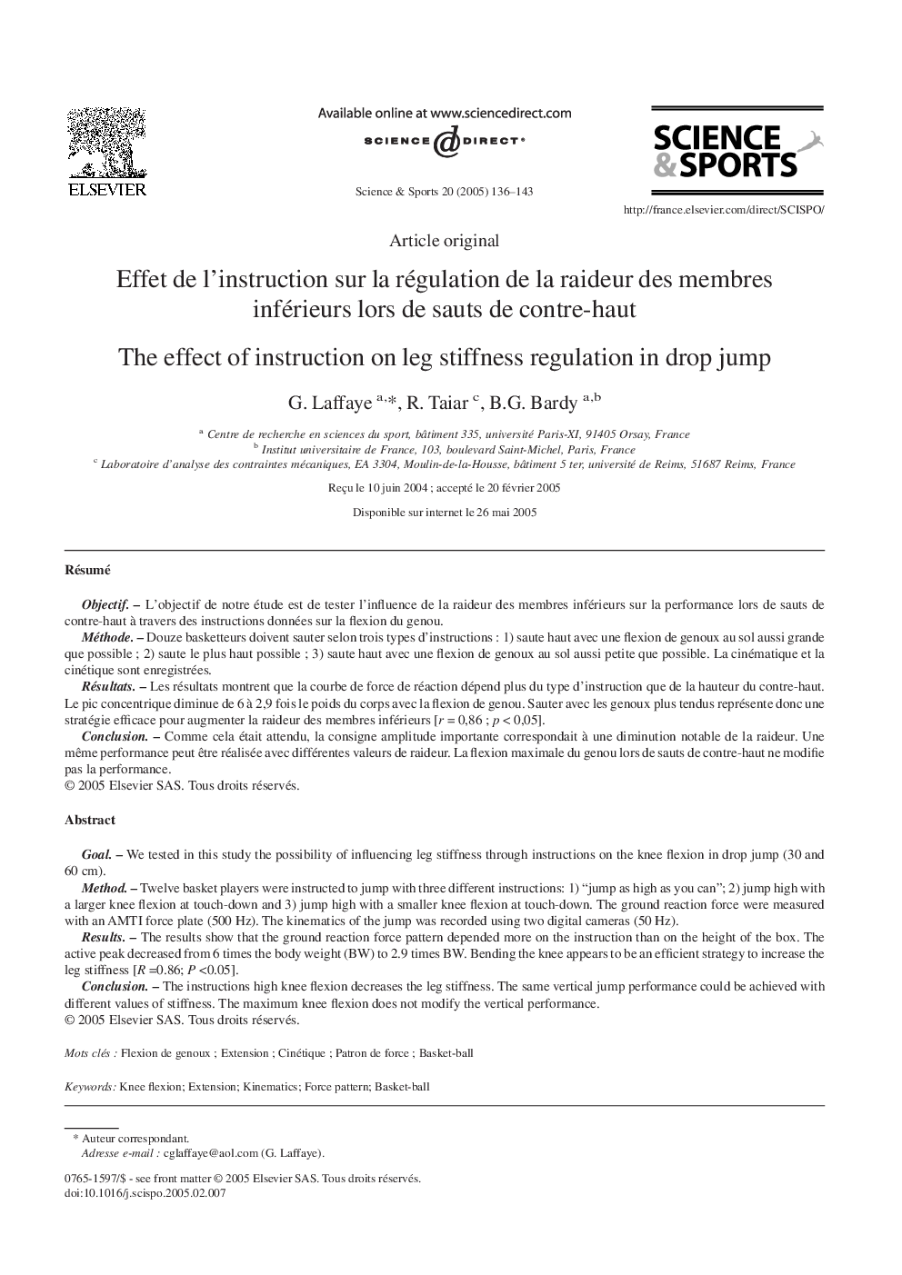 Effet de l'instruction sur la régulation de la raideur des membres inférieurs lors de sauts de contre-haut