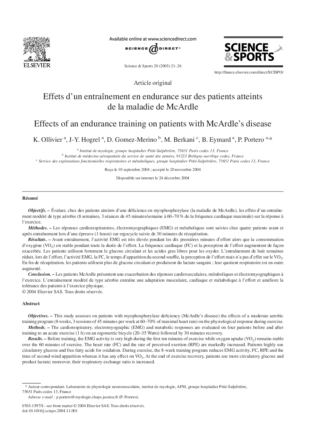 Effets d'un entraÃ®nement en endurance sur des patients atteints de la maladie de McArdle